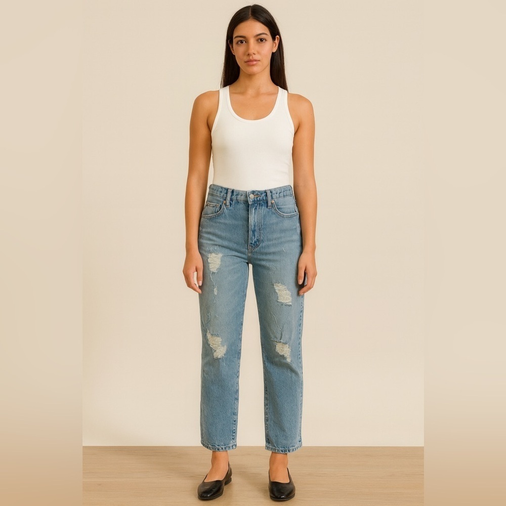 BDG Light Blue Distressed High-Rise Slim Straight Leg Jeans.     Size-30